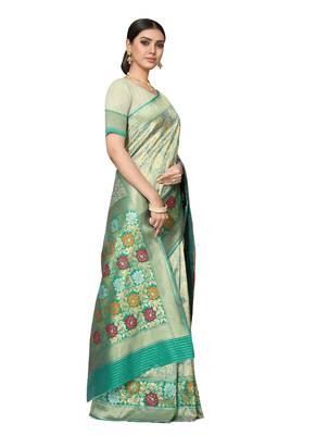 Turquoise Woven Silk Blend Saree With Blouse 4