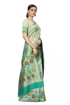 Turquoise Woven Silk Blend Saree With Blouse