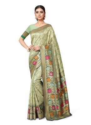 Green Woven Silk Blend Saree With Blouse 1