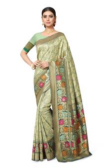 Green Woven Silk Blend Saree With Blouse