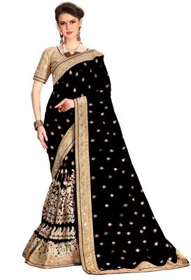 Trendmalls  Heavy Embroidery art Silk and Net Black Saree with Blouse  1