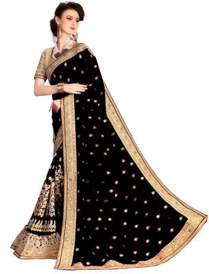 Trendmalls  Heavy Embroidery art Silk and Net Black Saree with Blouse  3