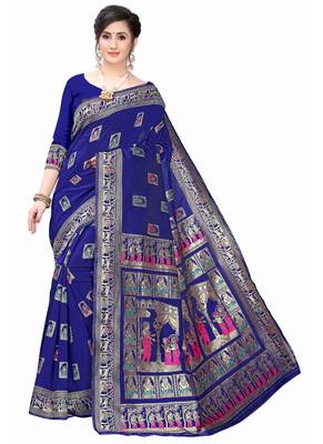 Blue Woven silk blend Saree With Blouse 1