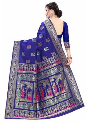 Blue Woven silk blend Saree With Blouse 4