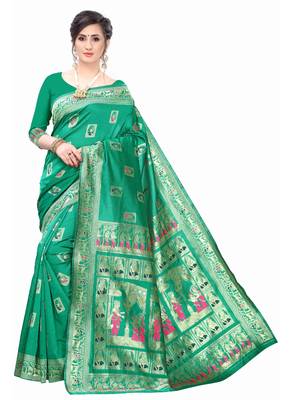 Green Woven silk blend Saree With Blouse 1
