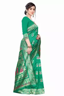 Green Woven silk blend Saree With Blouse