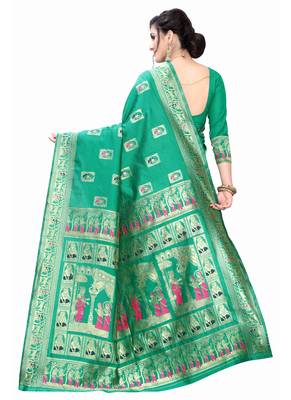 Green Woven silk blend Saree With Blouse 4