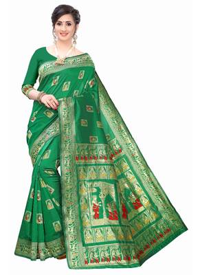 Dark Green Woven silk blend Saree With Blouse 1
