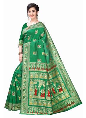 Dark Green Woven silk blend Saree With Blouse 2