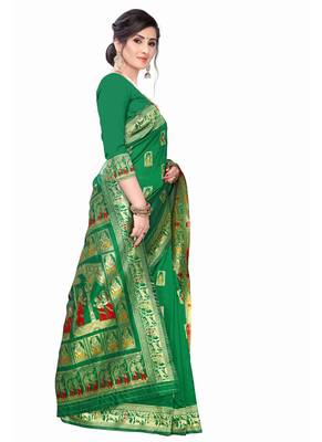 Dark Green Woven silk blend Saree With Blouse 3