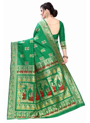 Dark Green Woven silk blend Saree With Blouse 4
