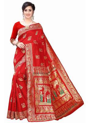 Red Woven Silk Blend Saree With Blouse 1