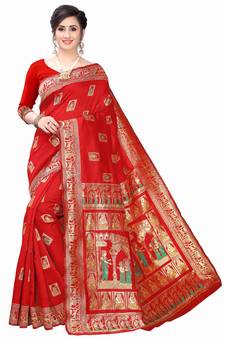 Red Woven Silk Blend Saree With Blouse