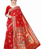 Red Woven Silk Blend Saree With Blouse