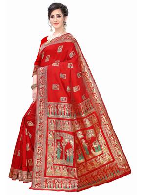 Red Woven Silk Blend Saree With Blouse 2