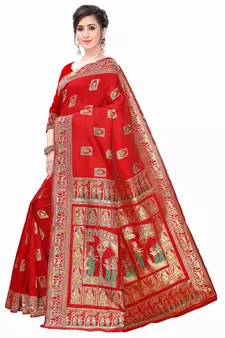 Red Woven Silk Blend Saree With Blouse
