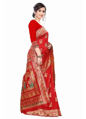 Red Woven Silk Blend Saree With Blouse 3