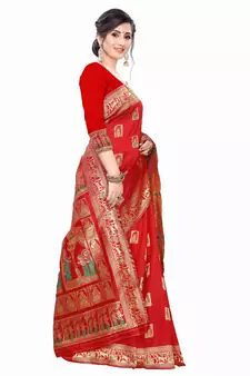 Red Woven Silk Blend Saree With Blouse