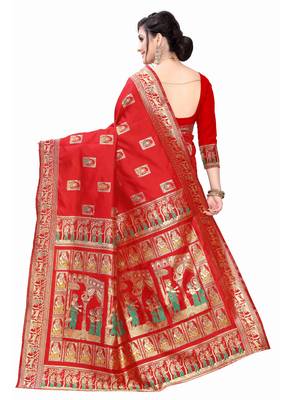 Red Woven Silk Blend Saree With Blouse 4