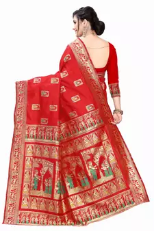 Red Woven Silk Blend Saree With Blouse