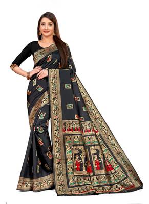 Black Woven silk blend Saree With Blouse 1