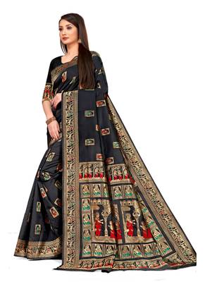 Black Woven silk blend Saree With Blouse 2