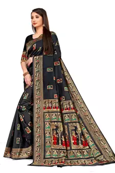 Black Woven silk blend Saree With Blouse