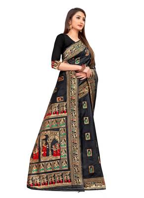 Black Woven silk blend Saree With Blouse 3