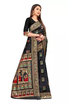 Black Woven silk blend Saree With Blouse