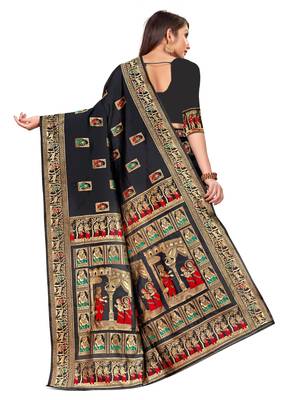 Black Woven silk blend Saree With Blouse 4