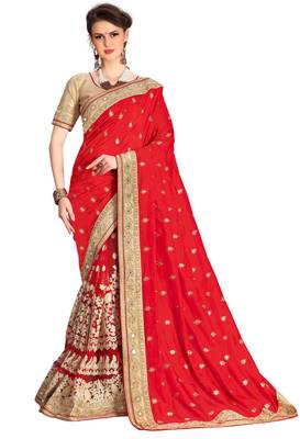 Trendmalls Heavy Embroidery art Silk and Net Red  Traditional Wedding Party Wear Bridal Saree with Blouse  1