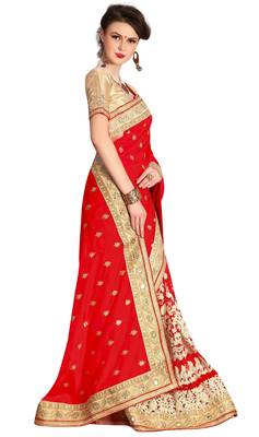 Trendmalls Heavy Embroidery art Silk and Net Red  Traditional Wedding Party Wear Bridal Saree with Blouse  3