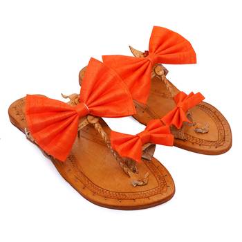 Orange Bow Embellished Kolhapuri Chappal I Pure Leather Flat Slipper For Women I 1