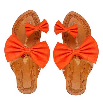 Orange Bow Embellished Kolhapuri Chappal I Pure Leather Flat Slipper For Women I 2