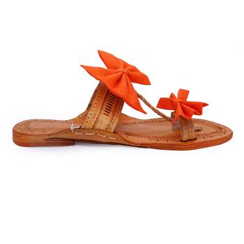 Orange Bow Embellished Kolhapuri Chappal I Pure Leather Flat Slipper For Women I 4