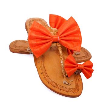 Orange Bow Embellished Kolhapuri Chappal I Pure Leather Flat Slipper For Women I 5