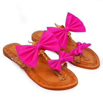 Pink Bow Embellished Kolhapuri Chappal I Pure Leather Flat Slipper For Women I  1