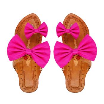 Pink Bow Embellished Kolhapuri Chappal I Pure Leather Flat Slipper For Women I  2