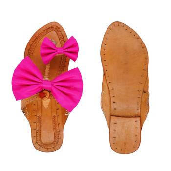 Pink Bow Embellished Kolhapuri Chappal I Pure Leather Flat Slipper For Women I  3