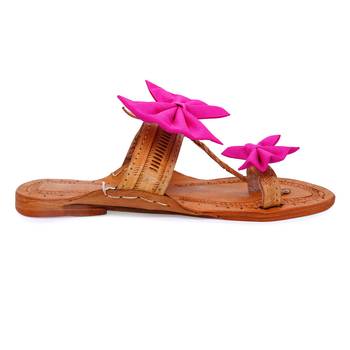 Pink Bow Embellished Kolhapuri Chappal I Pure Leather Flat Slipper For Women I  4