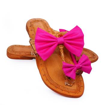 Pink Bow Embellished Kolhapuri Chappal I Pure Leather Flat Slipper For Women I  5