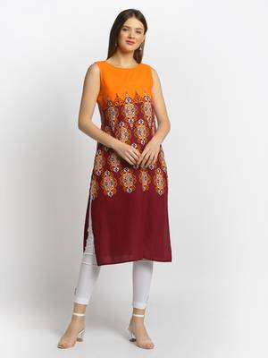 Orange printed rayon kurtas-and-kurtis 1