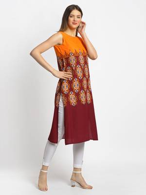 Orange printed rayon kurtas-and-kurtis 3