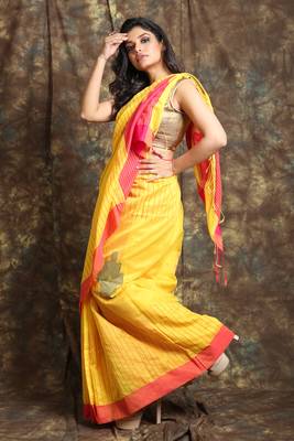 Yellow woven blended cotton saree with pink border and blouse 2