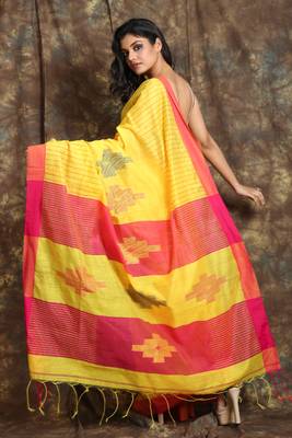 Yellow woven blended cotton saree with pink border and blouse 3