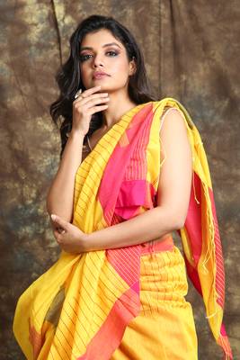 Yellow woven blended cotton saree with pink border and blouse 4