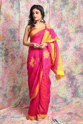 Pink woven blended cotton saree with yellow border and blouse 1