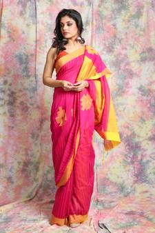 Pink woven blended cotton saree with yellow border and blouse