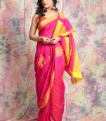 Pink woven blended cotton saree with yellow border and blouse