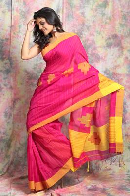 Pink woven blended cotton saree with yellow border and blouse 2